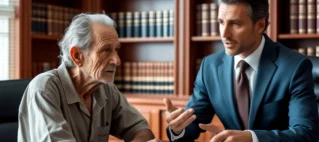 Advogado especialista em direito sucessório conversando com um cliente aposentado sobre a elaboração de seu testamento em um escritório.