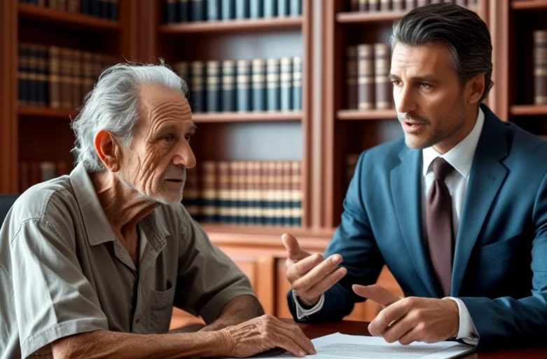 Advogado especialista em direito sucessório conversando com um cliente aposentado sobre a elaboração de seu testamento em um escritório.