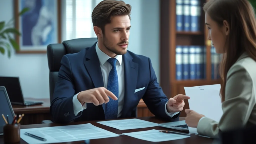 Advogado especialista em direito do trabalho aponta para um contrato, explicando a um cliente os requisitos do vínculo empregatício e a diferença entre empregado e PJ.