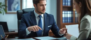 Advogado especialista em direito do trabalho aponta para um contrato, explicando a um cliente os requisitos do vínculo empregatício e a diferença entre empregado e PJ.