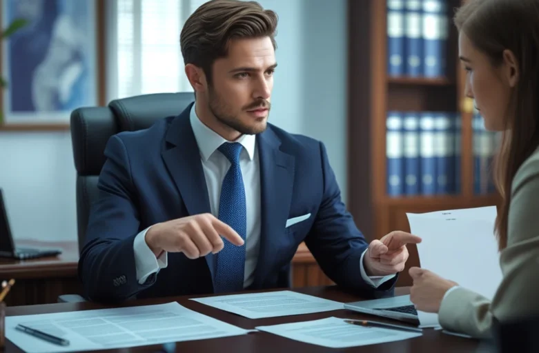Advogado especialista em direito do trabalho aponta para um contrato, explicando a um cliente os requisitos do vínculo empregatício e a diferença entre empregado e PJ.