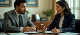 Advogado trabalhista com uma caneta na mão, analisando os direitos de uma demissão em contrato de experiência sobre uma mesa de escritório com um notebook.