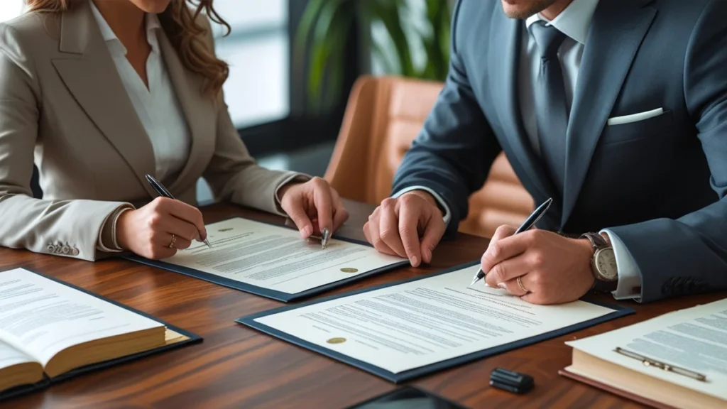 Um casal sentado à mesa de um escritório de advocacia, assinando os documentos da dissolução de união estável com a orientação de um advogado especialista.