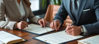 Um casal sentado à mesa de um escritório de advocacia, assinando os documentos da dissolução de união estável com a orientação de um advogado especialista.