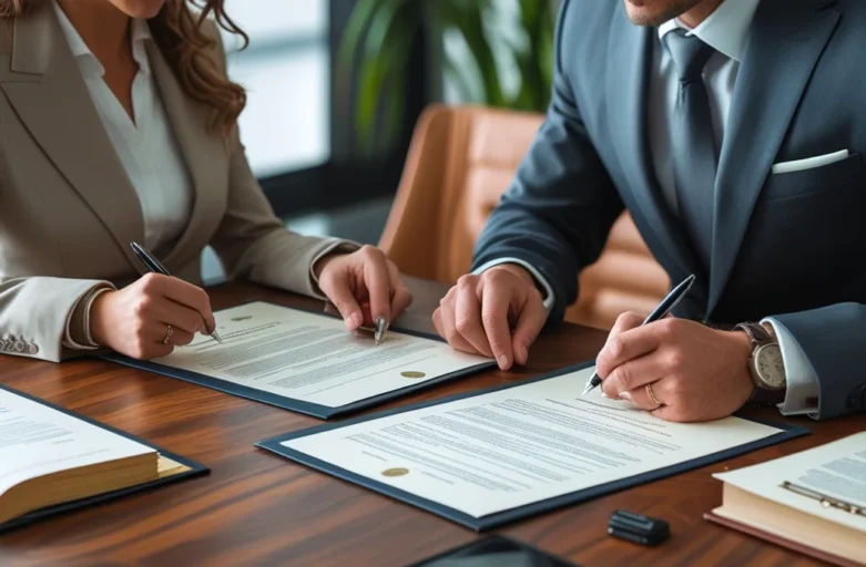 Um casal sentado à mesa de um escritório de advocacia, assinando os documentos da dissolução de união estável com a orientação de um advogado especialista.