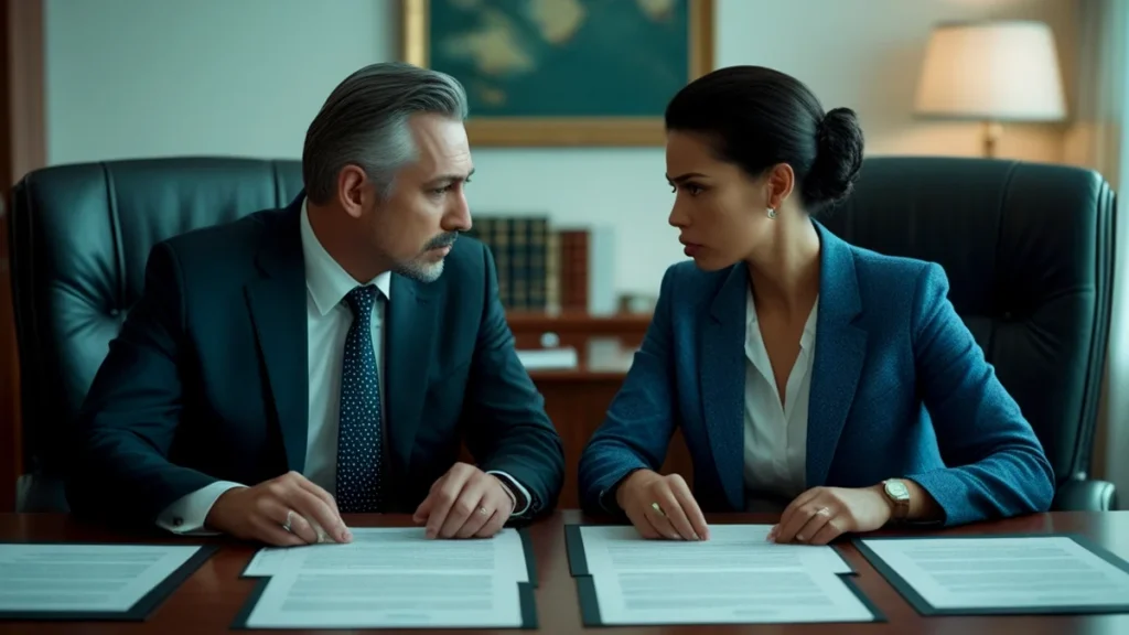 Casal com aparências de nacionalidades diferentes, sentados em frente a uma mesa com documentos, discutindo os termos do divórcio de um casamento realizado no exterior com validade no Brasil.