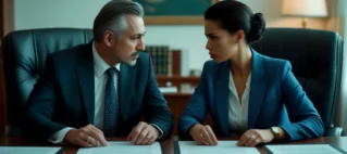 Casal com aparências de nacionalidades diferentes, sentados em frente a uma mesa com documentos, discutindo os termos do divórcio de um casamento realizado no exterior com validade no Brasil.