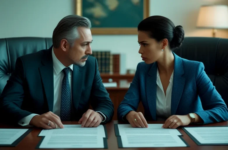 Casal com aparências de nacionalidades diferentes, sentados em frente a uma mesa com documentos, discutindo os termos do divórcio de um casamento realizado no exterior com validade no Brasil.