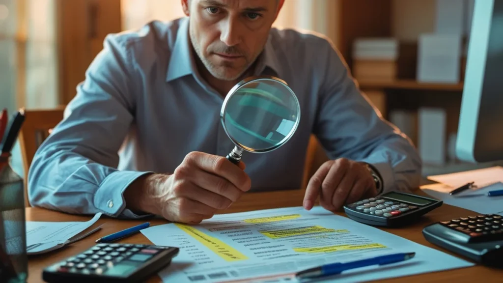 Empresário focado, com calculadora e caneta, revisando as cláusulas de um contrato de aluguel comercial em uma mesa de escritório, simbolizando a importância da análise frente à inflação.
