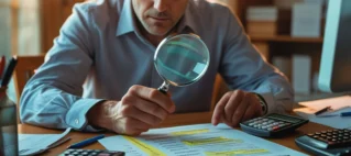 Empresário focado, com calculadora e caneta, revisando as cláusulas de um contrato de aluguel comercial em uma mesa de escritório, simbolizando a importância da análise frente à inflação.