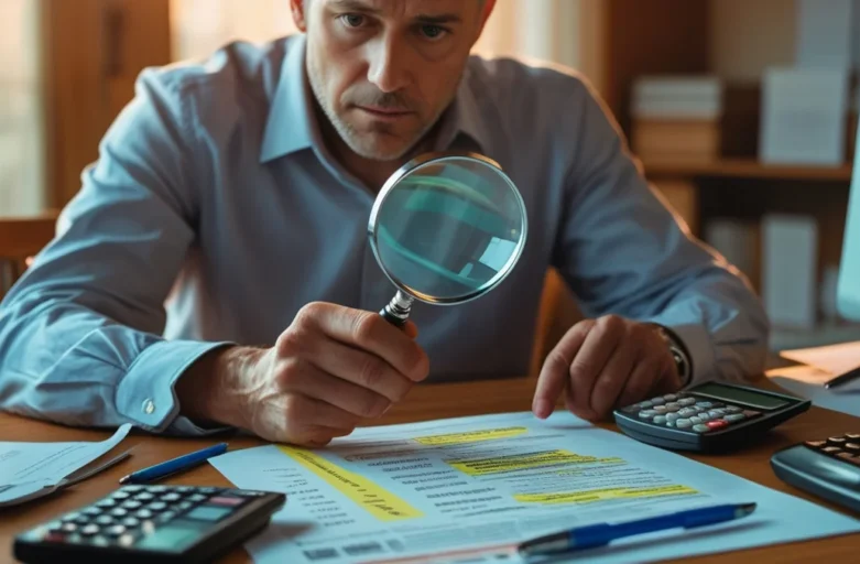 Empresário focado, com calculadora e caneta, revisando as cláusulas de um contrato de aluguel comercial em uma mesa de escritório, simbolizando a importância da análise frente à inflação.