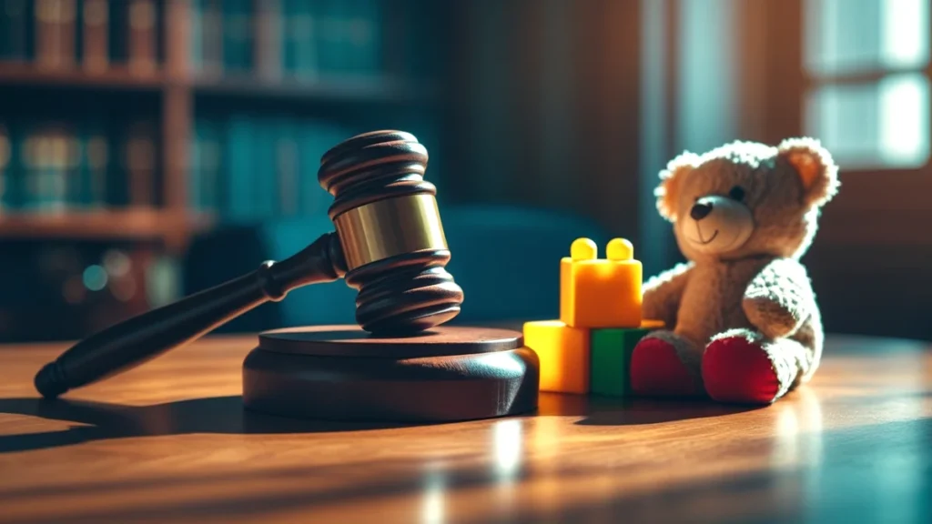 Imagem conceitual com um martelo de juiz ao lado de brinquedos infantis sobre uma mesa, simbolizando a decisão da Justiça sobre a guarda de filhos em um processo de divórcio.