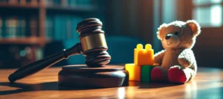 Imagem conceitual com um martelo de juiz ao lado de brinquedos infantis sobre uma mesa, simbolizando a decisão da Justiça sobre a guarda de filhos em um processo de divórcio.