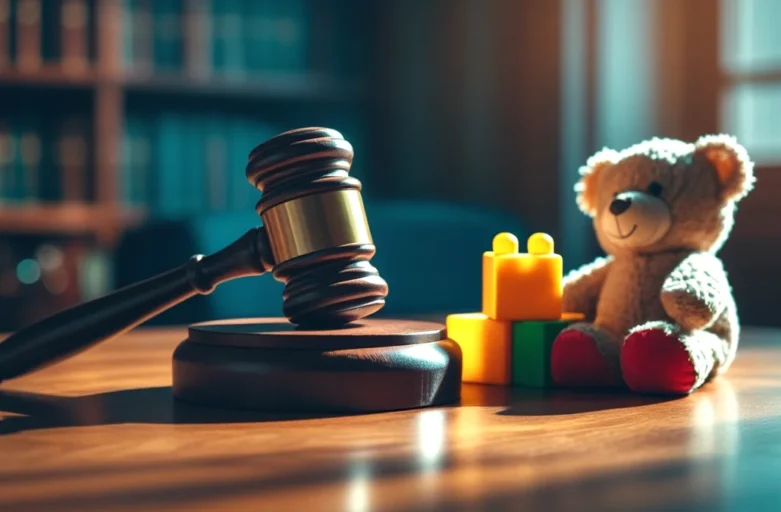 Imagem conceitual com um martelo de juiz ao lado de brinquedos infantis sobre uma mesa, simbolizando a decisão da Justiça sobre a guarda de filhos em um processo de divórcio.