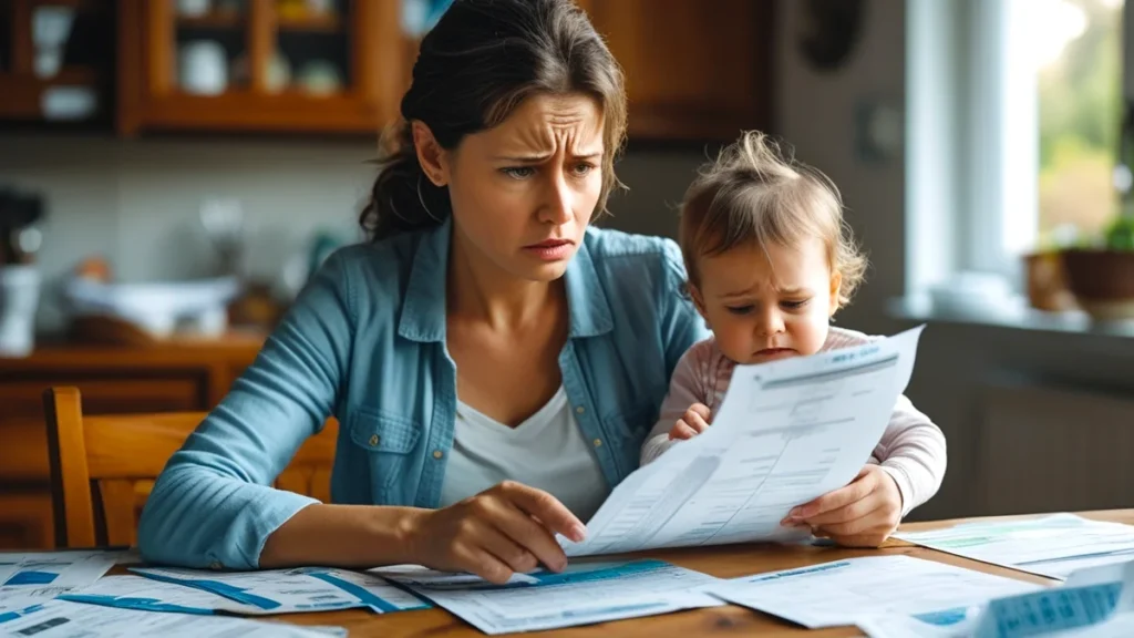 Uma mãe com expressão preocupada sentada à mesa, analisando contas e documentos, enquanto segura seu filho pequeno no colo, ilustrando a dificuldade financeira causada pela falta de pagamento da pensão alimentícia.