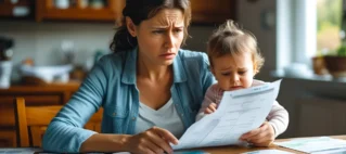 Uma mãe com expressão preocupada sentada à mesa, analisando contas e documentos, enquanto segura seu filho pequeno no colo, ilustrando a dificuldade financeira causada pela falta de pagamento da pensão alimentícia.