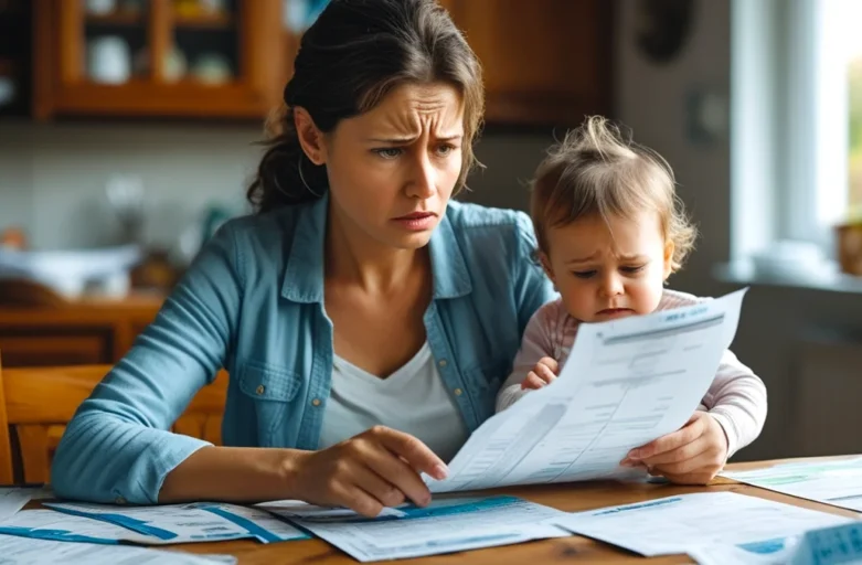 Uma mãe com expressão preocupada sentada à mesa, analisando contas e documentos, enquanto segura seu filho pequeno no colo, ilustrando a dificuldade financeira causada pela falta de pagamento da pensão alimentícia.
