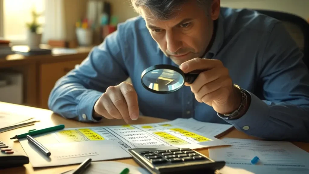 Pai analisando com uma lupa os detalhes de um boleto de mensalidade escolar, simbolizando a importância de verificar as taxas extras cobradas pela escola.
