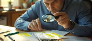 Pai analisando com uma lupa os detalhes de um boleto de mensalidade escolar, simbolizando a importância de verificar as taxas extras cobradas pela escola.