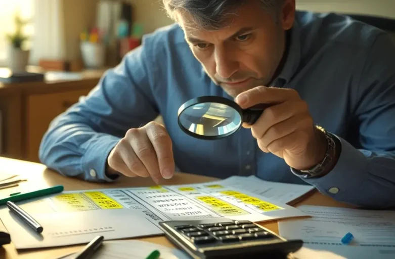 Pai analisando com uma lupa os detalhes de um boleto de mensalidade escolar, simbolizando a importância de verificar as taxas extras cobradas pela escola.