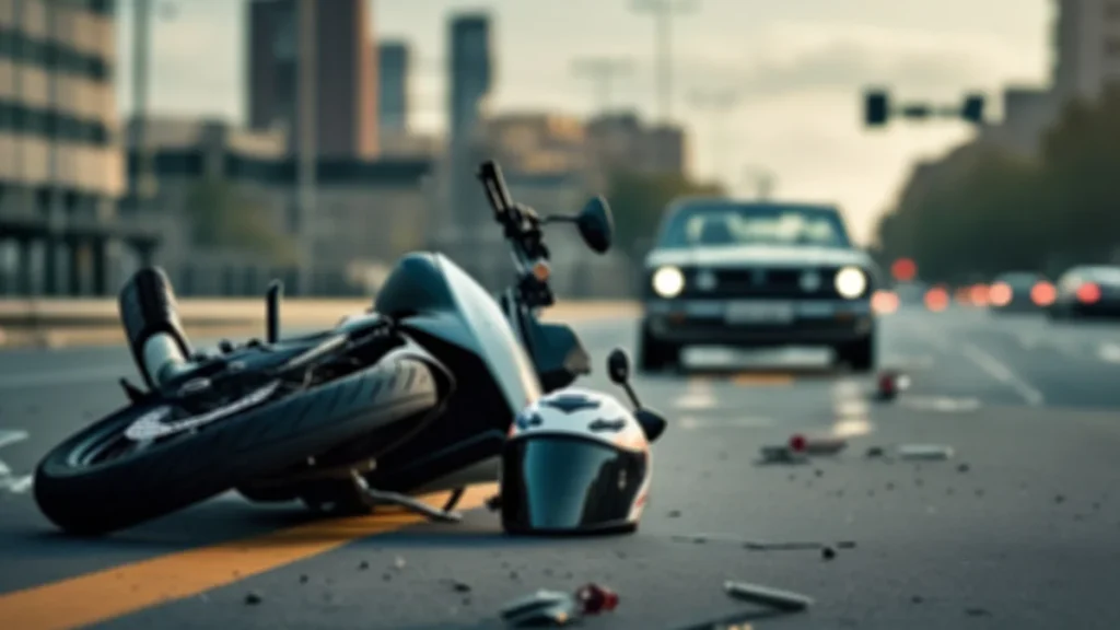 Cena de um acidente de trânsito com uma motocicleta caída no asfalto e, ao fundo, um carro se afastando em alta velocidade, ilustrando um motorista que atropela um motociclista e foge sem prestar socorro.