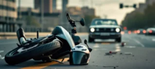 Cena de um acidente de trânsito com uma motocicleta caída no asfalto e, ao fundo, um carro se afastando em alta velocidade, ilustrando um motorista que atropela um motociclista e foge sem prestar socorro.