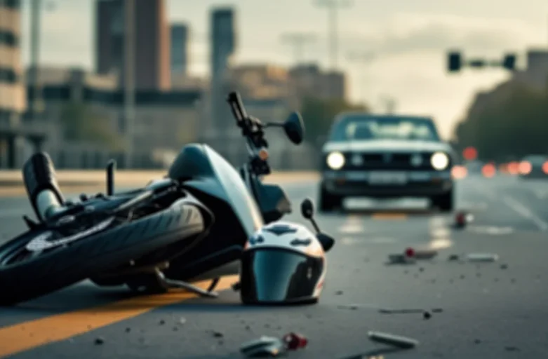 Cena de um acidente de trânsito com uma motocicleta caída no asfalto e, ao fundo, um carro se afastando em alta velocidade, ilustrando um motorista que atropela um motociclista e foge sem prestar socorro.