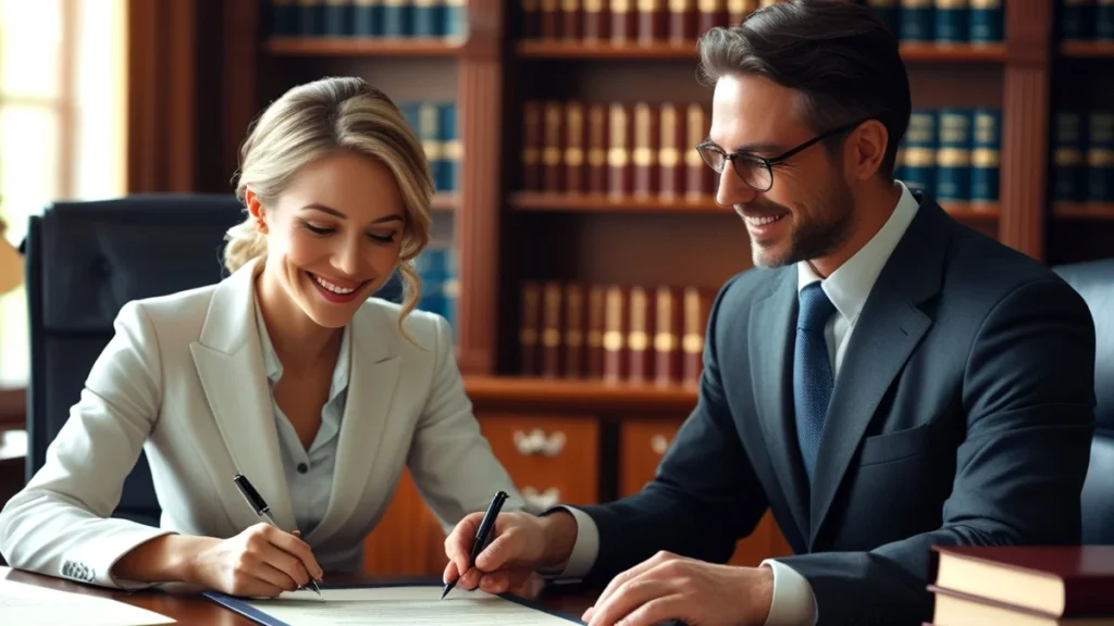 Uma mulher sorrindo, sentada em uma mesa de escritório de advocacia, assinando um documento que simboliza a decisão de mudar o sobrenome após o divórcio, com um advogado orientando-a ao lado.