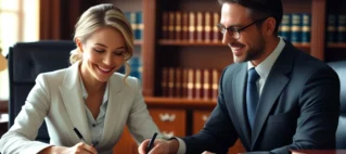 Uma mulher sorrindo, sentada em uma mesa de escritório de advocacia, assinando um documento que simboliza a decisão de mudar o sobrenome após o divórcio, com um advogado orientando-a ao lado.