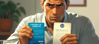 Trabalhador com expressão pensativa, segurando em uma mão a Carteira de Trabalho e na outra um cartão de benefício do INSS, simbolizando a dúvida e o risco de trabalhar enquanto está afastado por motivo de saúde.