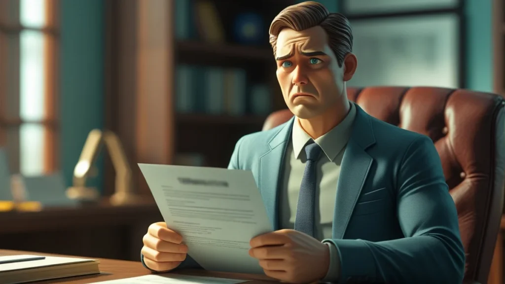 Trabalhador recém-demitido, sentado à mesa com seus documentos de rescisão, com expressão preocupada, simbolizando a incerteza de não ter recebido as verbas rescisórias e a necessidade de um advogado trabalhista.