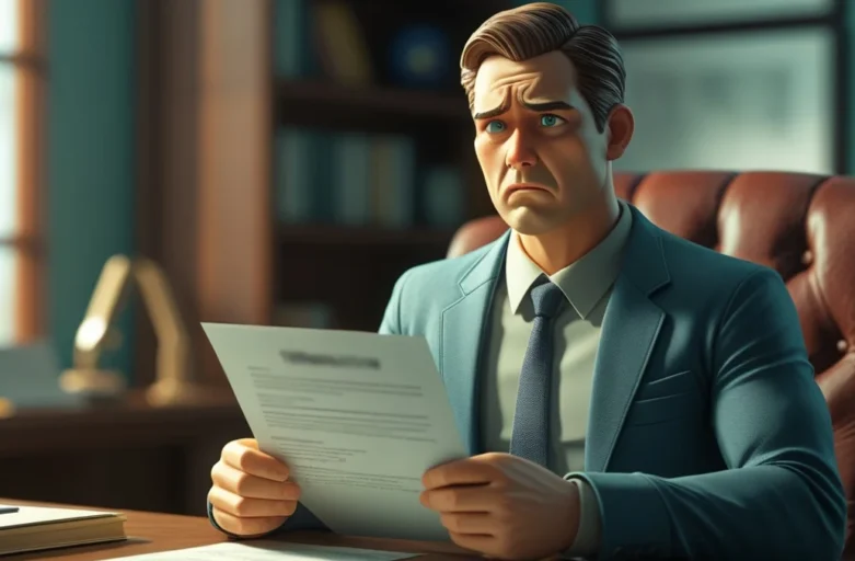 Trabalhador recém-demitido, sentado à mesa com seus documentos de rescisão, com expressão preocupada, simbolizando a incerteza de não ter recebido as verbas rescisórias e a necessidade de um advogado trabalhista.