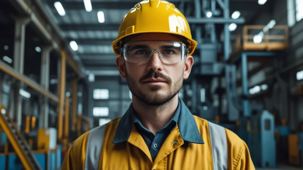 Um trabalhador industrial experiente utilizando capacete e óculos de proteção, representando o direito ao adicional de periculosidade e insalubridade no ambiente de trabalho.