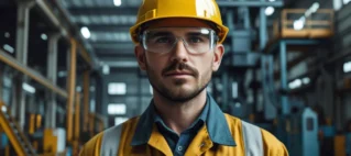 Um trabalhador industrial experiente utilizando capacete e óculos de proteção, representando o direito ao adicional de periculosidade e insalubridade no ambiente de trabalho.