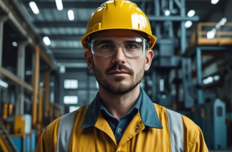 Um trabalhador industrial experiente utilizando capacete e óculos de proteção, representando o direito ao adicional de periculosidade e insalubridade no ambiente de trabalho.