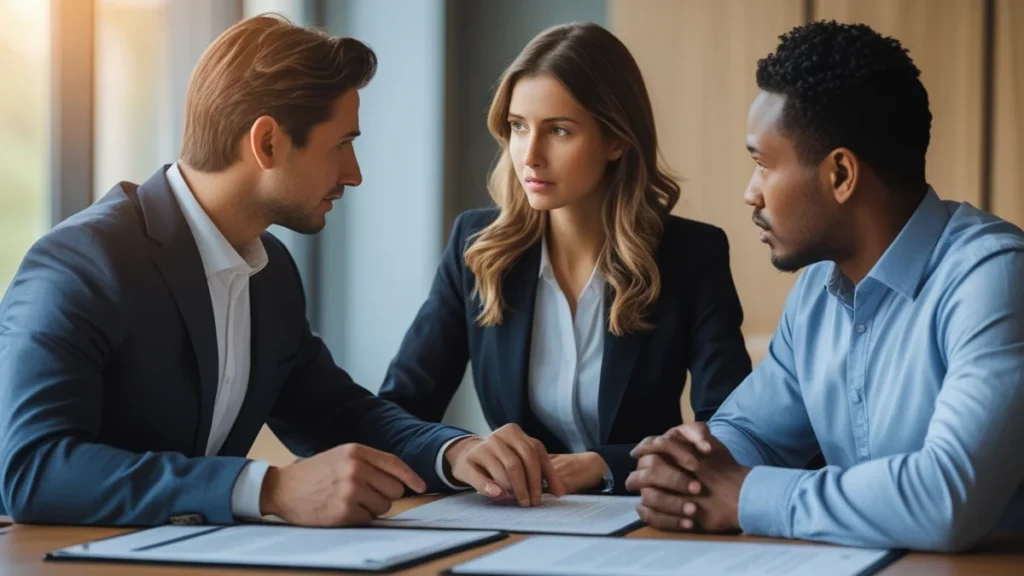 Advogado especialista em direito contratual analisando um contrato e uma fatura com cobrança de melhorias não previstas.