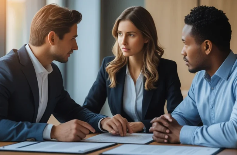 Advogado especialista em direito contratual analisando um contrato e uma fatura com cobrança de melhorias não previstas.