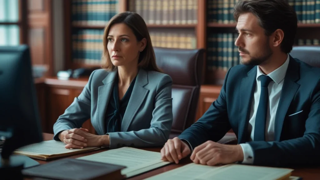Advogado em um escritório, de terno, analisando atentamente uma Convenção Coletiva de Trabalho impressa em uma mesa de reunião.