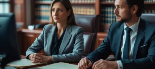 Advogado em um escritório, de terno, analisando atentamente uma Convenção Coletiva de Trabalho impressa em uma mesa de reunião.