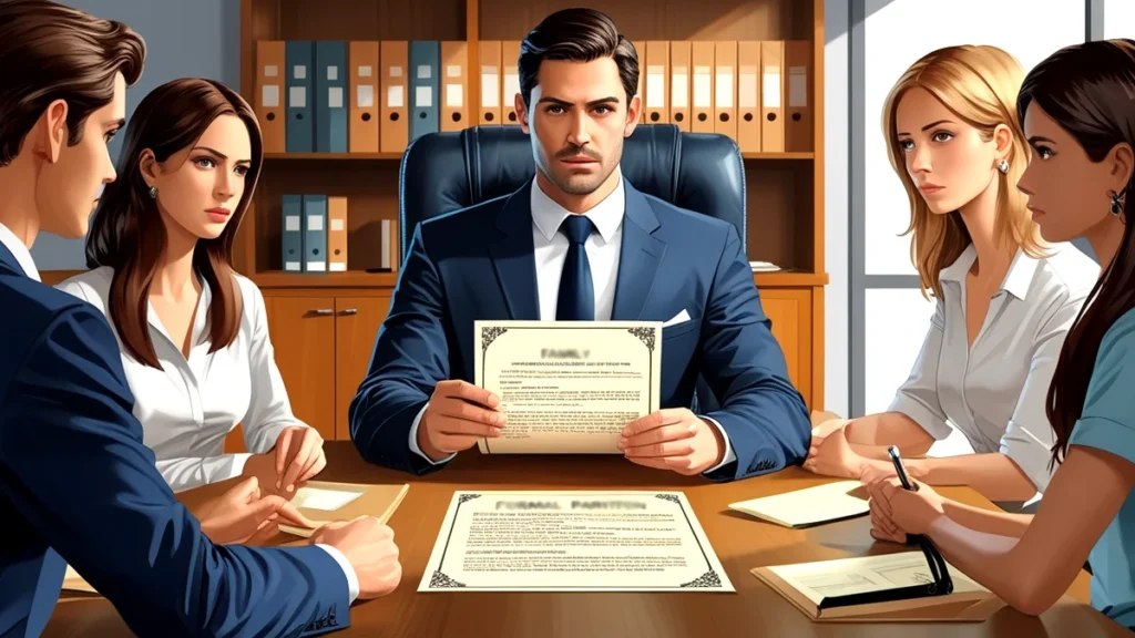 Advogado especialista em inventário mostrando um documento (formal de partilha) para uma família de herdeiros em uma mesa de reunião, discutindo a venda de um imóvel de herança.