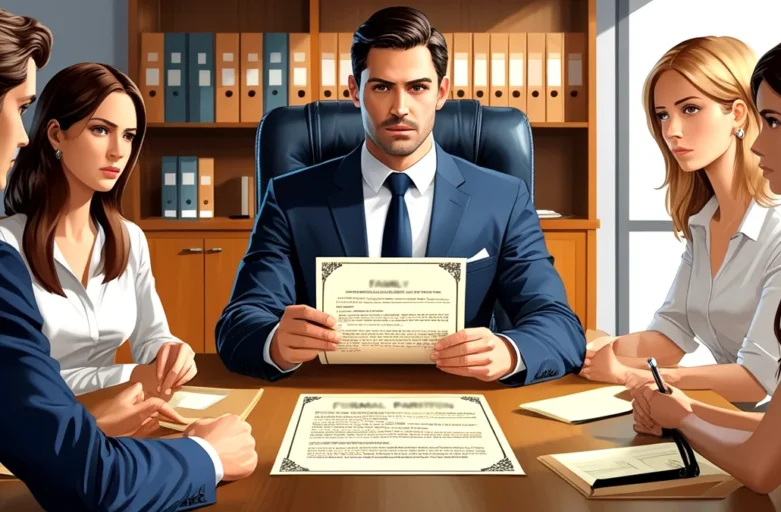 Advogado especialista em inventário mostrando um documento (formal de partilha) para uma família de herdeiros em uma mesa de reunião, discutindo a venda de um imóvel de herança.