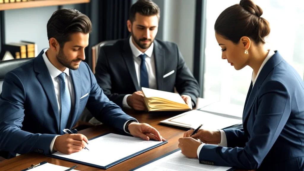 Advogado especialista em sucessões sentado à mesa com uma família, explicando de forma clara documentos sobre herança de dívidas e o processo de inventário.