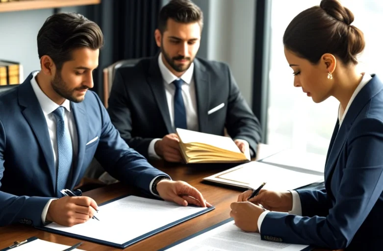 Advogado especialista em sucessões sentado à mesa com uma família, explicando de forma clara documentos sobre herança de dívidas e o processo de inventário.