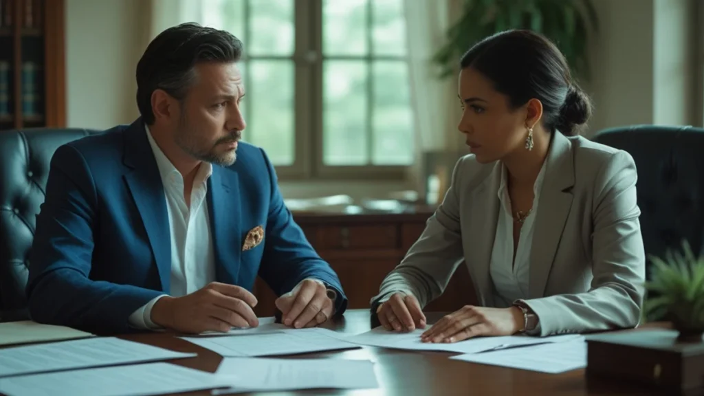 Homem e mulher em uma mesa de escritório analisando um contrato de leasing de veículo com um advogado que aponta para as cláusulas de transferência e quitação.