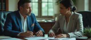 Homem e mulher em uma mesa de escritório analisando um contrato de leasing de veículo com um advogado que aponta para as cláusulas de transferência e quitação.