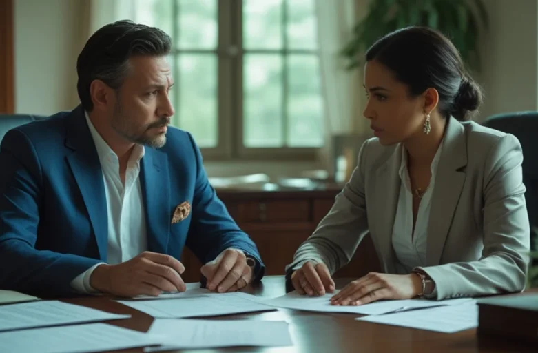 Homem e mulher em uma mesa de escritório analisando um contrato de leasing de veículo com um advogado que aponta para as cláusulas de transferência e quitação.