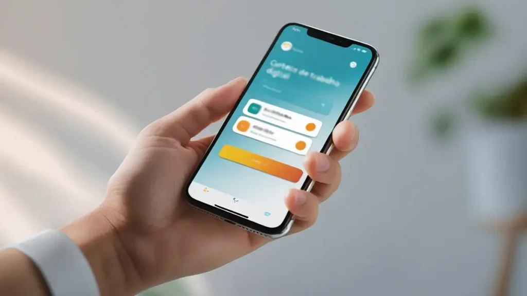 Mão segurando um smartphone com a Carteira de Trabalho Digital na tela, simbolizando o prazo de baixa após a demissão e a obrigatoriedade da empresa.