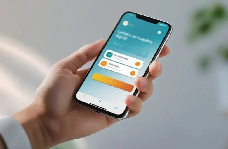 Mão segurando um smartphone com a Carteira de Trabalho Digital na tela, simbolizando o prazo de baixa após a demissão e a obrigatoriedade da empresa.