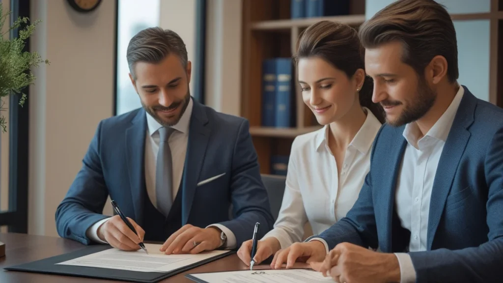Um casal sentado à mesa de um escritório de advocacia, assinando a escritura de divórcio extrajudicial na presença de seu advogado, simbolizando um acordo amigável e bem assessorado.
