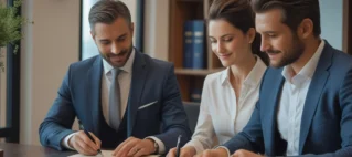 Um casal sentado à mesa de um escritório de advocacia, assinando a escritura de divórcio extrajudicial na presença de seu advogado, simbolizando um acordo amigável e bem assessorado.